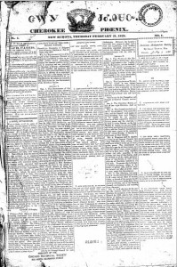 February 21, 1828 edition of the Cherokee Phoenix. Georgia Historic Newspapers Collection.