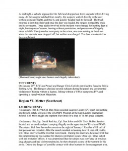 Field operations weekly report, Jan. 9-15, 2012. (Georgia. Wildlife Resources Division. Law Enforcement Section). This report includes the recounting of an incident of illegally hunted deer in Thomas County.