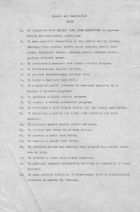 Report on health and sanitation aims, Manchester, Georgia, 1953. Document describes 19 aims or goals for health and sanitation in Manchester, Georgia, including making periodic inspections of places serving food; public water sources; public restrooms and slaughter houses. Other goals include instituting mosquito and rodent control; eliminating all outdoor toilets; building a sanitary landfill and iniating a flood control program. Pine Mountain Regional Library Collection. 