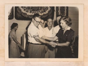 Photograph of a public health nurse taking blood from Sylvania mayor Willard H. Lariscy, Sylvania, Georgia, 1951. Screven-Jenkins Regional Library System Collection, Screven-Jenkins Regional Library System.