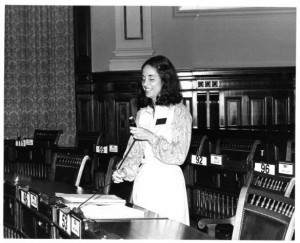 Cathey Steinberg at her seat in the General Assembly, Atlanta, Georgia, circa late 1970s.  Local identification number: W042_50_2_014, SERIES III: Visual Materials, Cathey W. Steinberg papers, W042, Donna Novak Coles Georgia Women's Movement Archives. Special Collections and Archives, Georgia State University, Atlanta.
