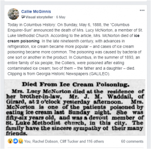 May 6, 1888 – Death of Mrs. Lucy McNorton due to ice cream poisoning 