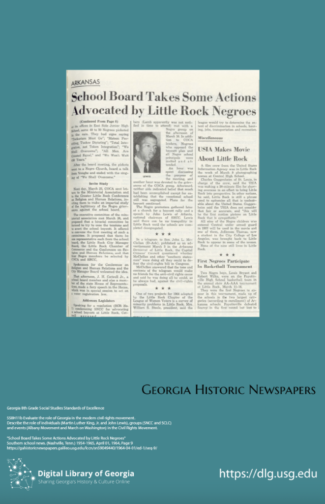 Poster for Georgia Social Studies classrooms from the Southern school news. (Nashville, Tenn.) 1954-1965, April 01, 1964, Page 9, “School Board Takes Some Actions Advocated by Little Rock Negroes”