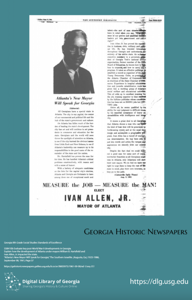 New poster for Georgia Social studies classrooms from the Southern Israelite. (Augusta, Ga.) 1925-1986, September 08, 1961, Page 37, “Atlanta's New Mayor Will Speak for Georgia”