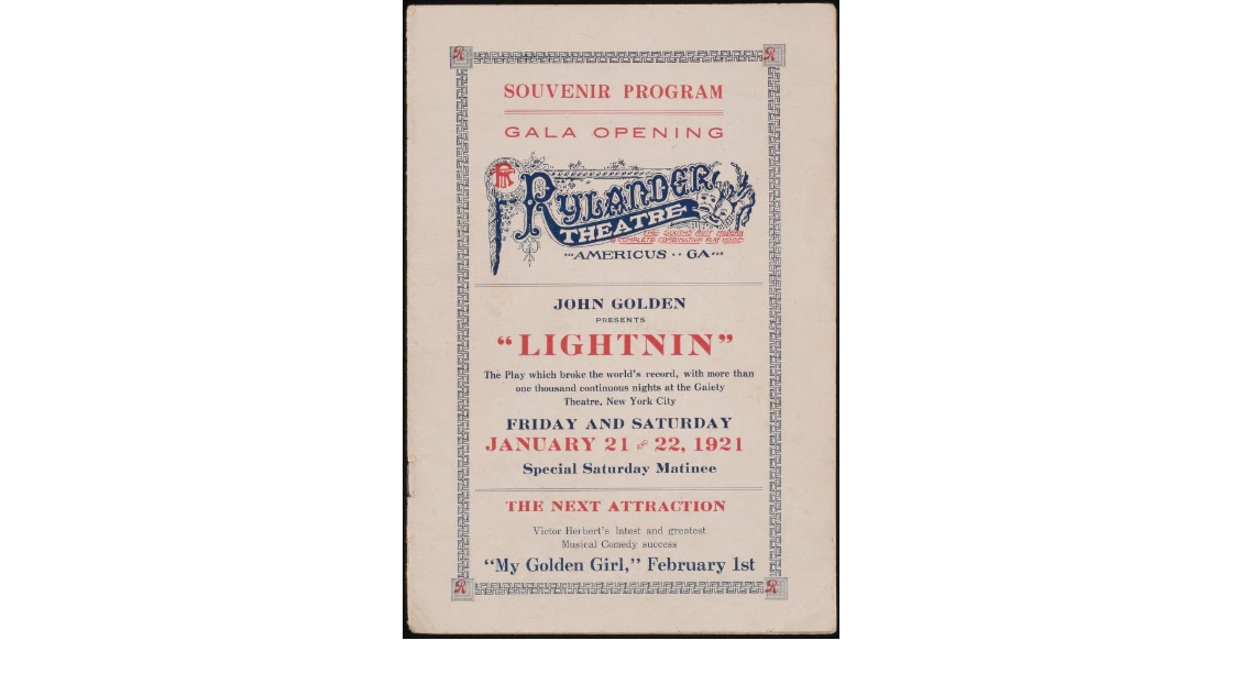 A printed program from the Rylander Theatre gala opening on January 21-22, 1921 for the play “Lightnin’ (1918)” containing cast and Rylander Theatre personnel information and local advertisements.