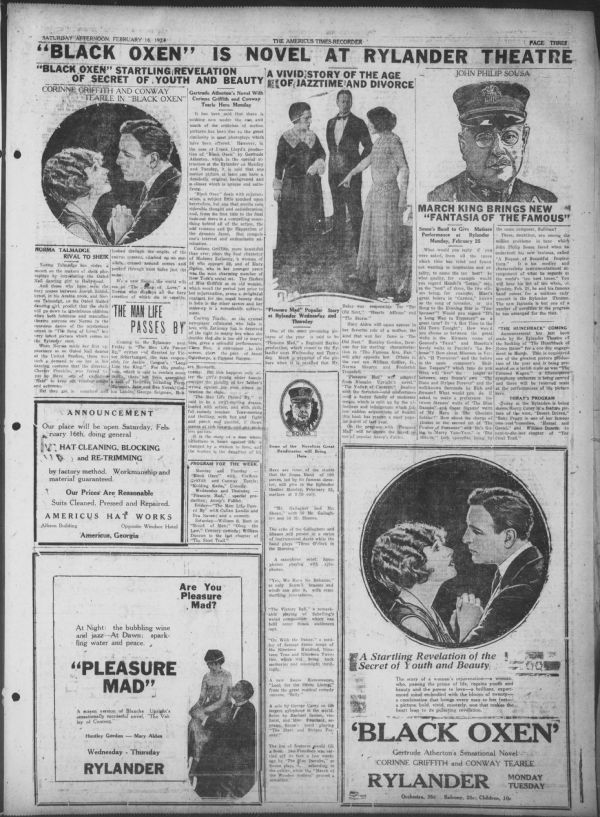 An Americus Times-Recorder ad for the Rylander Theatre, February 16, 1924. The ad details a romantic, sci-fi film, Black Oxen (1923), showing at the Rylander Theatre.