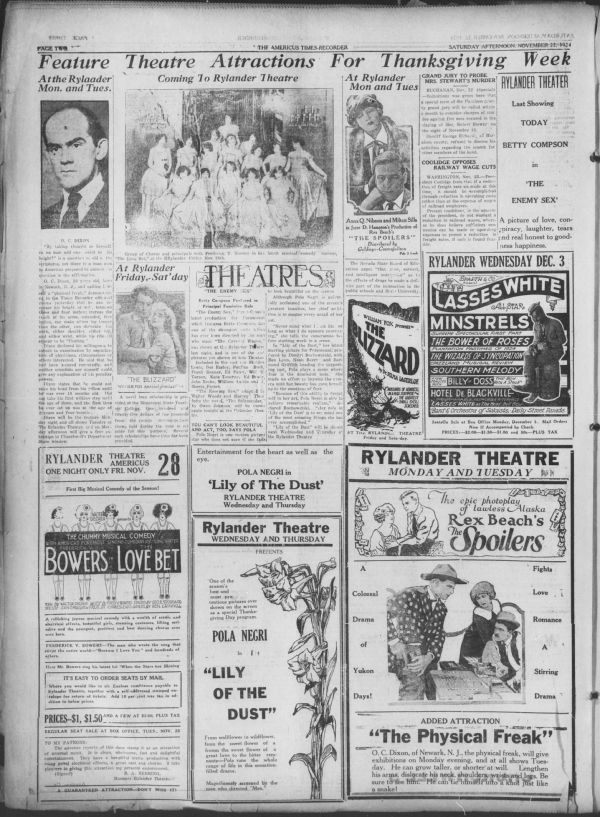 The ad details the attractions showing at the theatre for Thanksgiving week. Digitized through the National Digital Newspaper Program (NDNP).