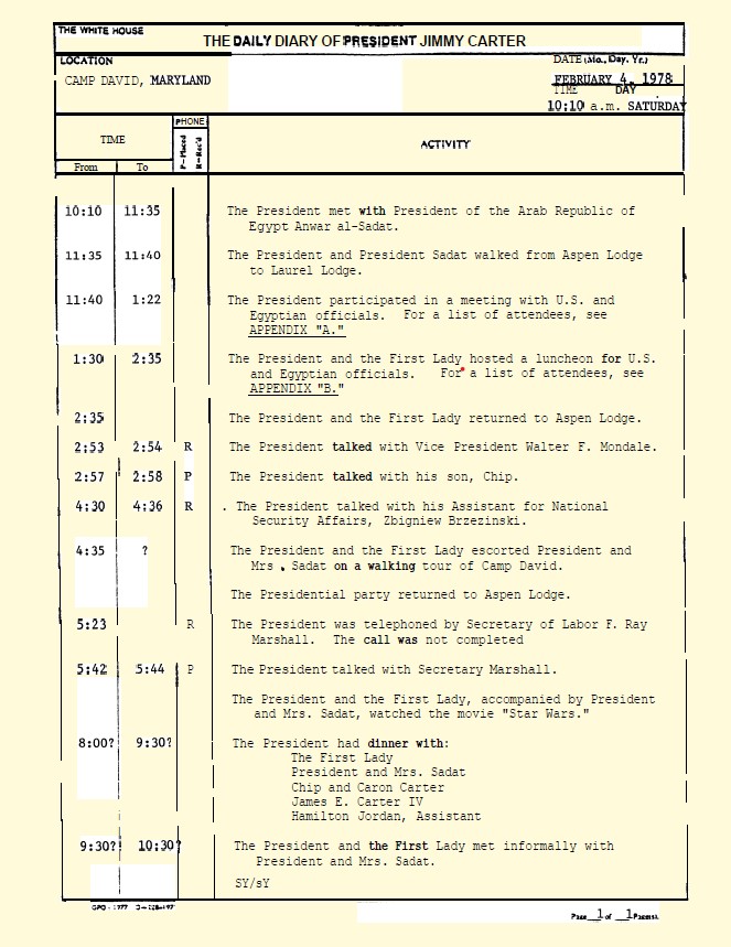 Page of President Jimmy Carter's daily diary from February 4, 1978