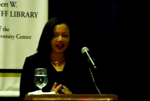 Photo of Dr. Tomiko Brown-Nagin speaking at a lectern