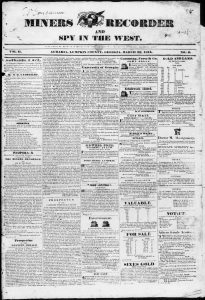 Miners Recorder and Spy In The West. (Auraria, Lumpkin County, Georgia) March 29, 1834, Page 1