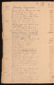 Page of 19th century ledger featuring lists of hand-recorded financial transactions "Family Expenses."