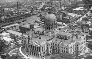 View of the Georgia State Capitol Building looking southeast from the Equitable Building at the corner of Pryor Street and Edgewood Avenue in Atlanta, Georgia.