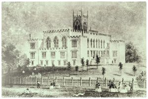 Image of an illustration depicting the old Georgia state capitol in Milledgeville, Georgia, circa 1850.