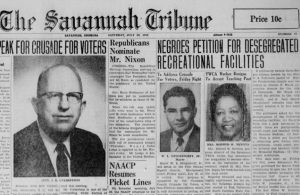 The Savannah Tribune, July 30, 1960. On Page 1 is an article titled “Negroes Petition For Desegregated Recreational Facilities.”