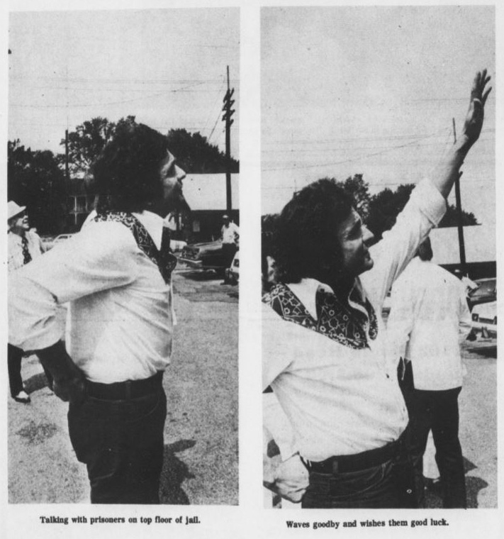 Johnny Cash talking with inmates at the Spalding County jail. From the September 14, 1974 issue of the Griffin Daily News. Talking with prisoners on top floor of jail, waves goodbye and wishes them luck.