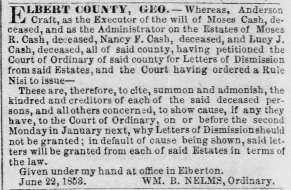 Legal notice concerning the estate of Johnny Cash's great-great-grandparents who resided in Elbert County, Georgia. From the January 17, 1854 issue of the Daily Chronicle & Sentinel (Augusta).