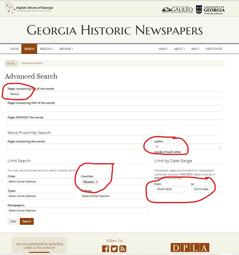 Screen capture of an online search using the Georgia Historic Newspapers portal.