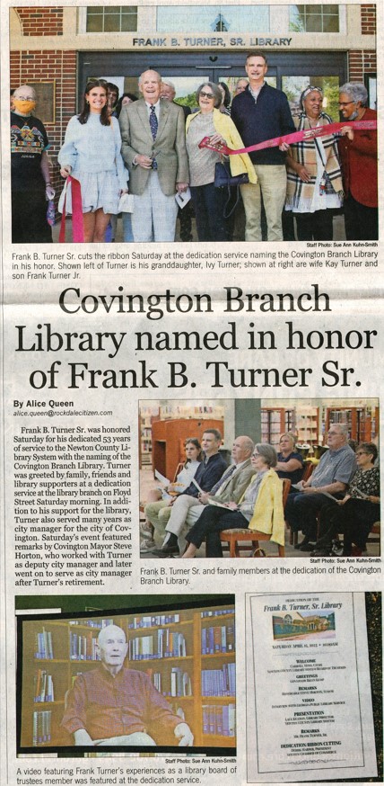 Newspaper clipping of a Rockdale Citizen article covering the naming ceremony of the Covington, Georgia branch library to the Frank B. Turner, Sr. Library