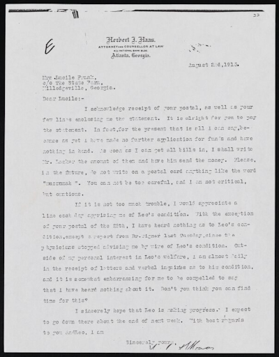 Page from a letter (on page 7 of the item) where Leo Frank’s attorney Herbert J. Haas advises Lucille Frank not to use Yiddish on a postcard that could be seen in the open, for fear of an antisemitic reaction.
