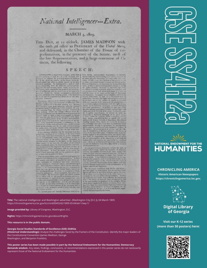 Poster with image of historic Georgia newspaper and its alignment with the Georgia teaching standard SS4H2a