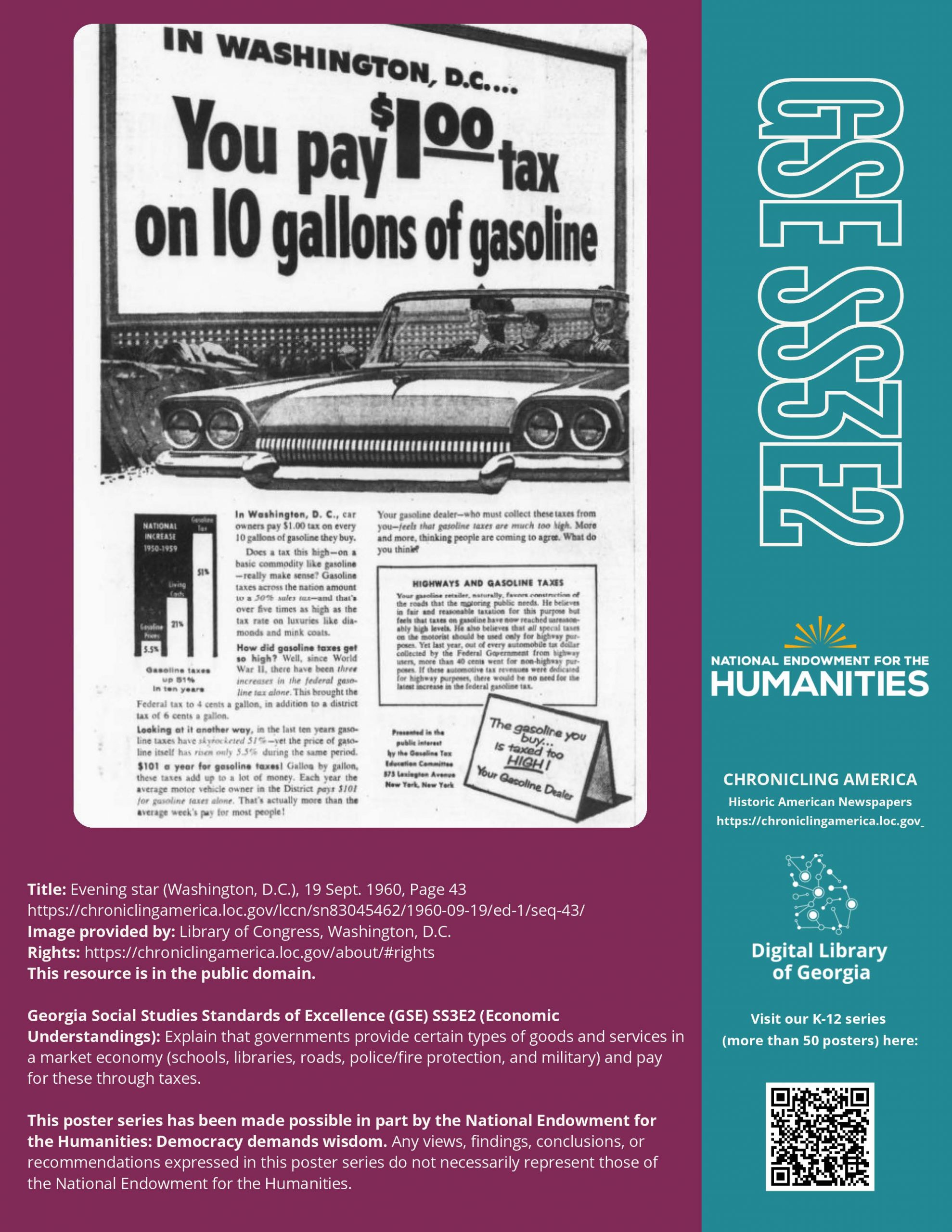 Image of educator resource poster for grade 3 students that includes a newspaper ad referencing the cost of gasoline in Washington DC in 1960.