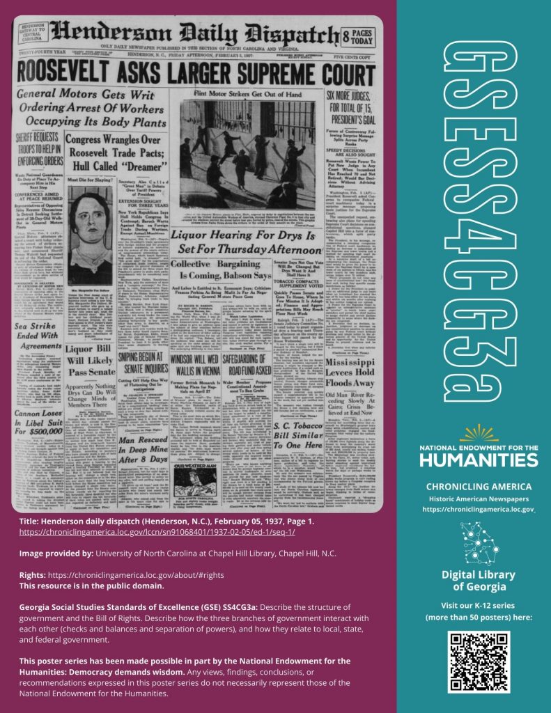 Poster featuring the front page of a 1937 "Henderson Daily Dispatch" with the headline "Roosevelt Asks Larger Supreme Court" and a teal strip with "GSE SS4CG3a."